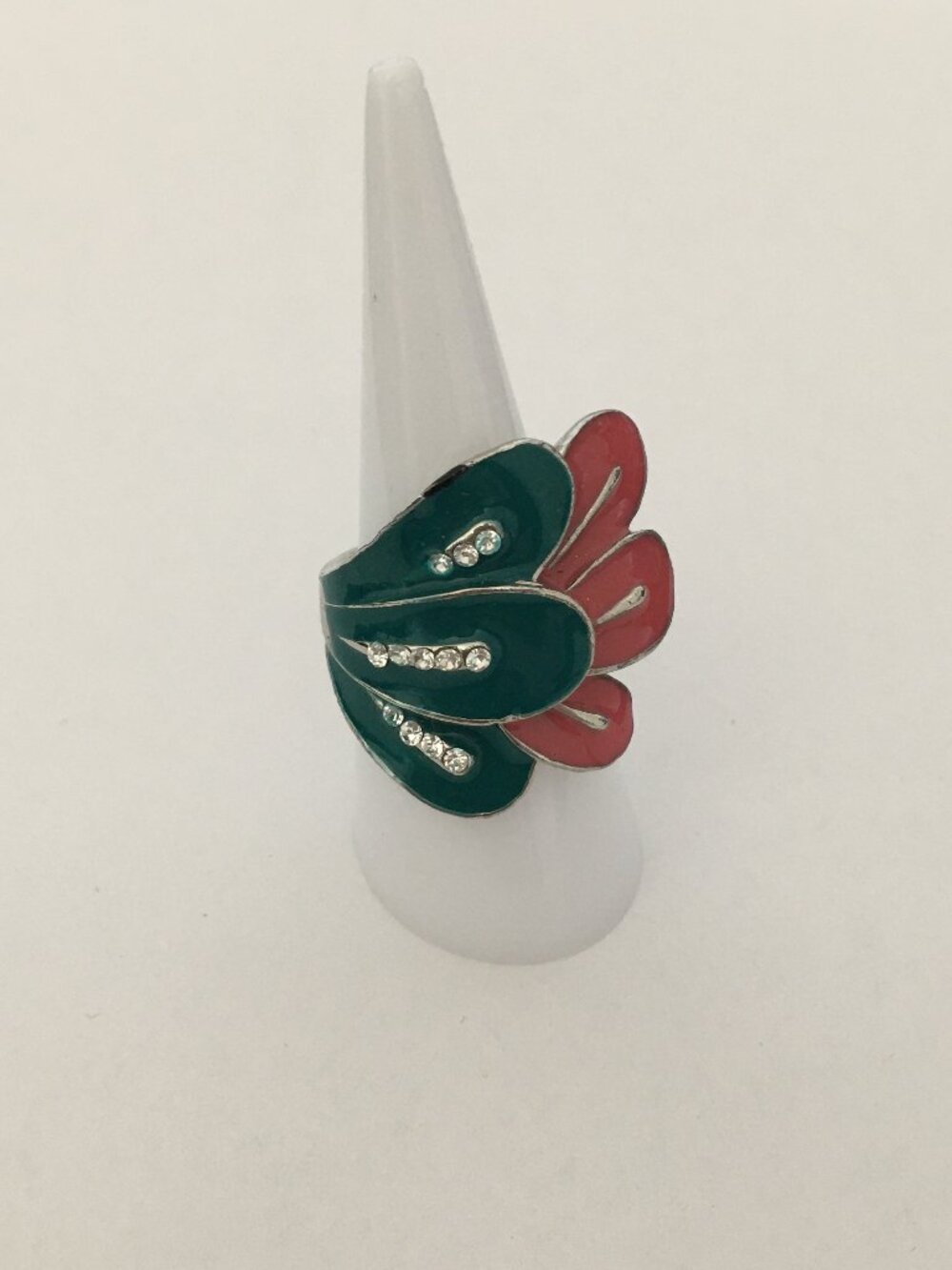 NEW Green Peach Pink Enamel Lacquer Flower Leaf Silver Rhinestone Jewelry Ring